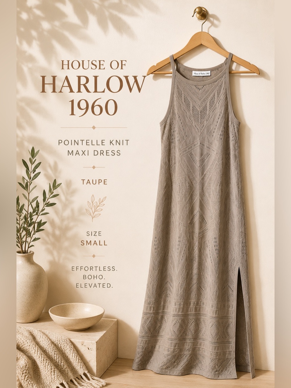 House of Harlow 1960 Taupe Pointelle Knit Maxi Dress Size S